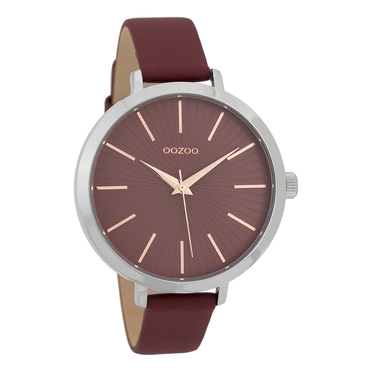 OOZOO Timepieces - Zilverkleurige horloge met bordeaux rode leren band - C9673