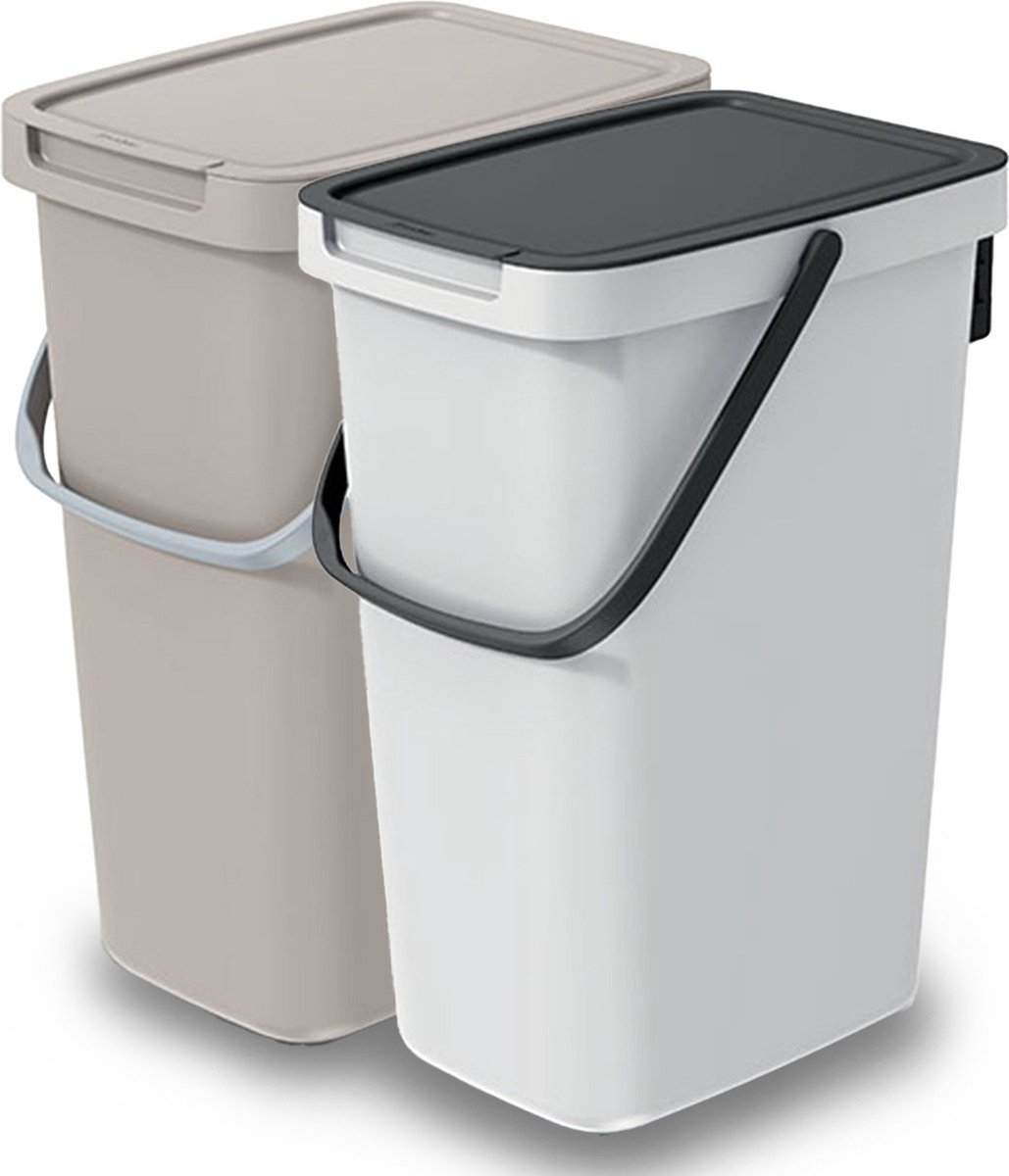 Keden GFT/rest afvalbakken set - 2x - beige/wit - 12L - 20 x 26 x 37 cm - afval scheiden