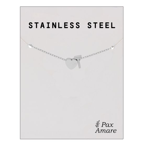 Letter T Armband Zilverkleurig - Stainless Steel - Initiaal & Hartje Hanger - Initialen Armband op Cadeau Kaartje - Pax Amare - 15,5cm + 5cm verstelbaar