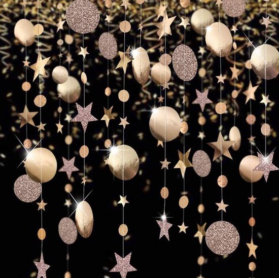 Joya Party® Garland lot de 3 guirlandes Cercle et Etoiles Or Rose et Or Champagne | Serpentins en papier avec paillettes | Bannières rondes à suspendre, décorations de fête | Bannière d'anniversaire pour anniversaire, baby shower, mariage, Noël