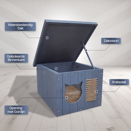 Grijze kattenren met open dak, daksteun, krabpaal en opening met gordijn. Het huisje is weerbestendig en heeft een geïsoleerde binnenkant.