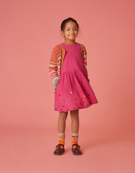Do dress 30 Waffle cloth very berry with dots embroidery Pink: 104/4yr
