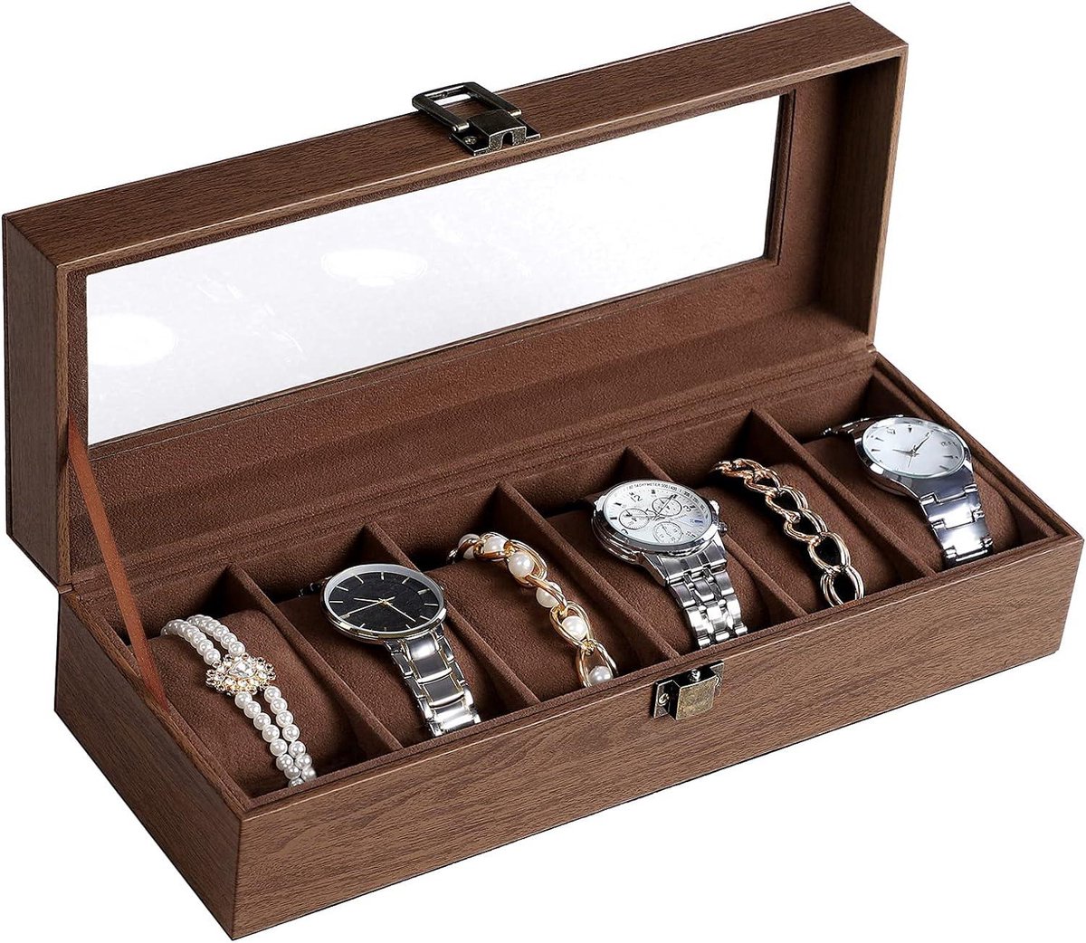 Horlogebox met 6 vakken - opbergdoosje voor horloges - imitatieleer - bruin met houtnerf