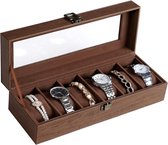 Horlogebox met 6 vakken - opbergdoosje voor horloges - imitatieleer - bruin met houtnerf