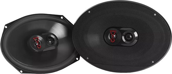 Twee zwarte JBL Stage3 9637 ovalen autospeakers met rode JBL logo's.