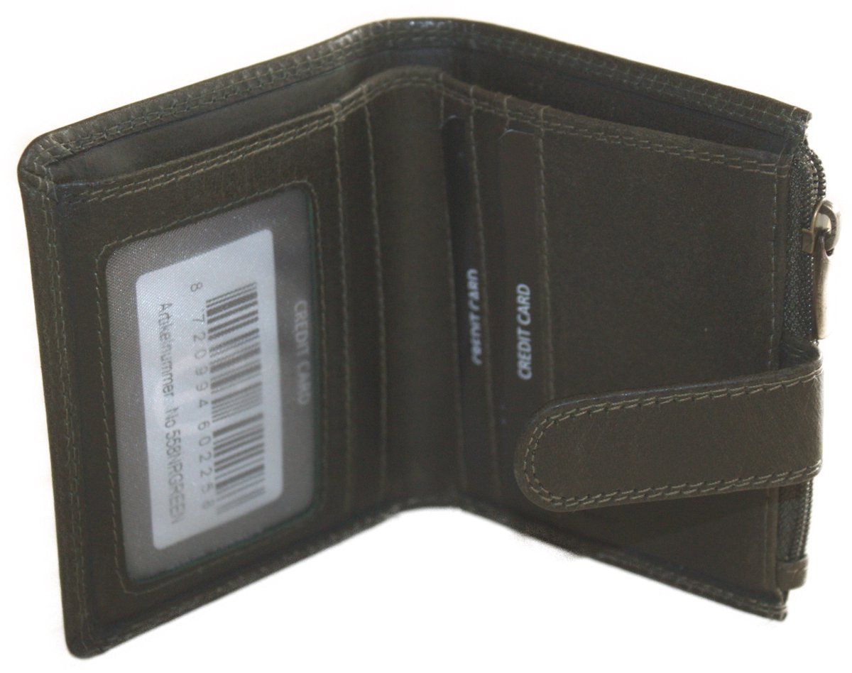 Oi donker groene lederen portemonnee afsluitbaar / compact dun beursje met ritsje voor kleingeld / plat portemonneetje afsluitbaar met lipje / RFID SAFE / retro groen leer / 558Green NR
