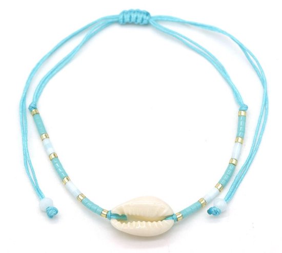 Kralenarmband - verstelbaar - blauw - wit - goudkleurig - schelp - zomer - zon - strand - festival - tijdloos - vrouwen - unisex