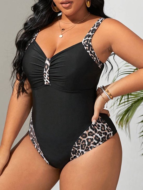 V-hals Luipaardprint Badpak- Dames Zwempak Plus Size- Zwemkleding Badmode Strandkleding Bikini 015- Zwart- Maat 4XL