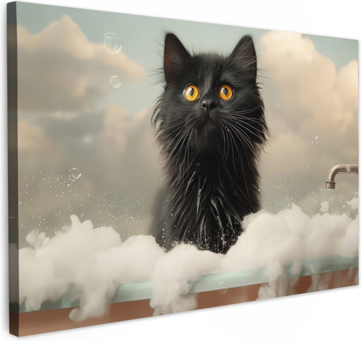 Canvas schilderij 30x20 cm - Wanddecoratie badkamer Kat - Bad - Zwart - Dieren - Schuim -