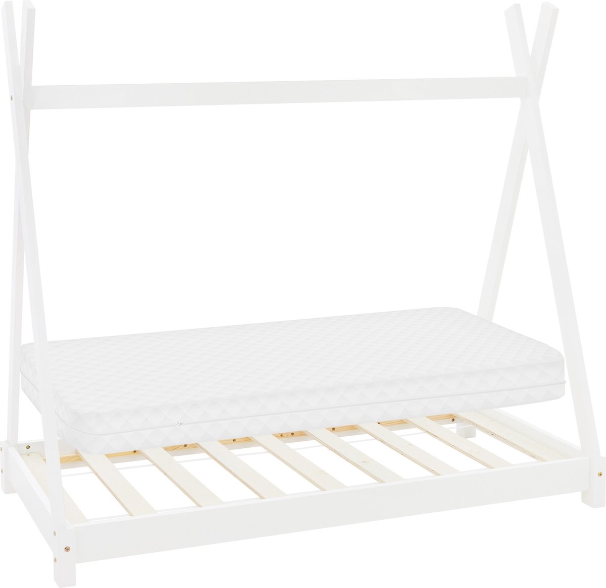 ml-design tipi serie kinderbed 70x140 cm wit met koudschuimmatras lattenbodem en valbeveiliging massief grenenhout huisbed met hek junior bed in tentvorm speelbed voor meisjes en jongens houten kinderhuis vloerbed met stevig bedframe
