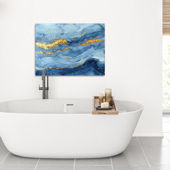 Peinture sur toile 70x50 cm - Décoration murale salle de bain Aquarelle - Blauw - Art - Or - Luxe - Moderne - Décoration murale WC - Accessoires décoratifs - Décoration murale Toilettes - Peintures sur toile