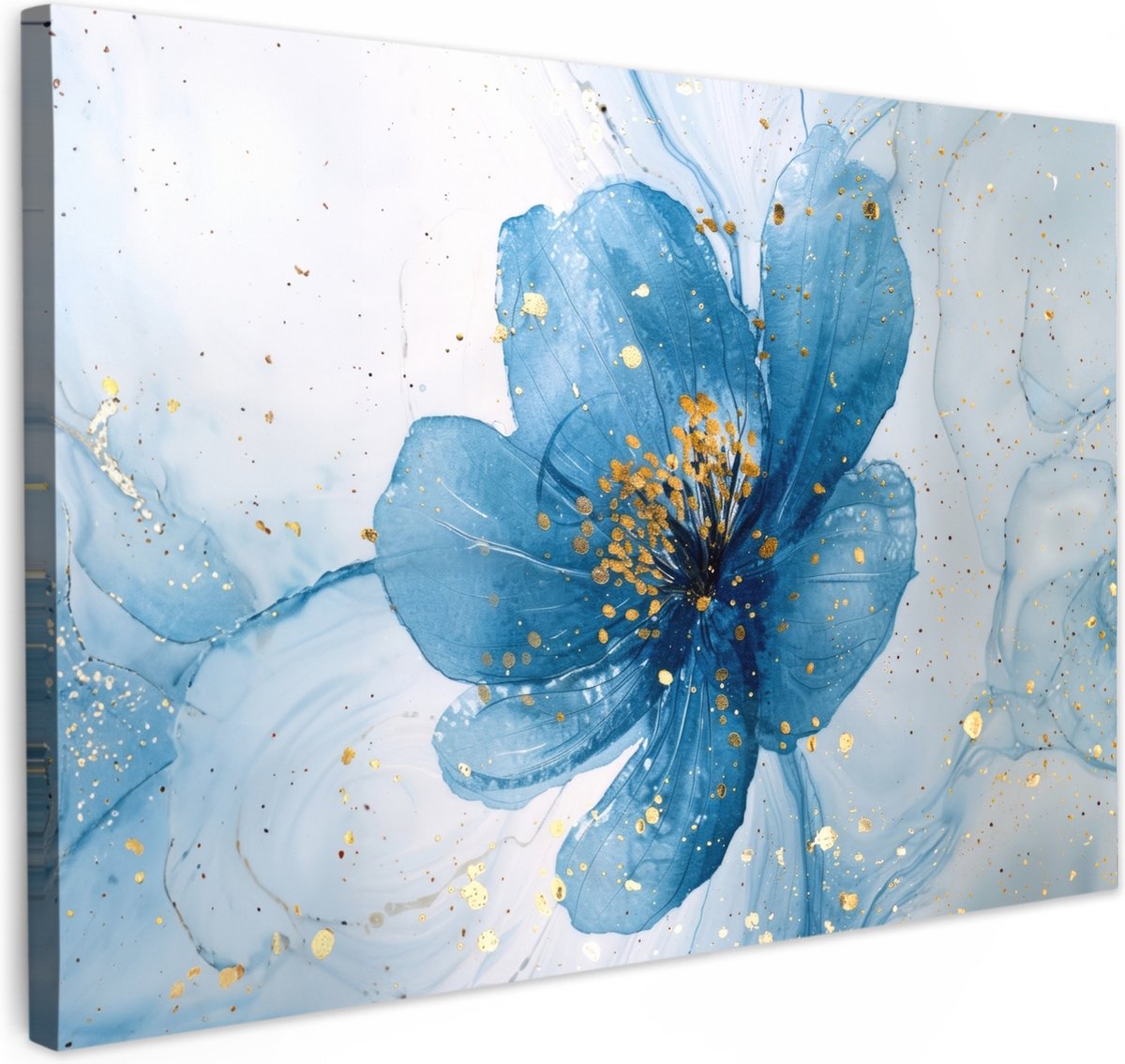Canvas schilderij 30x20 cm - Wanddecoratie badkamer Bloemen - Blauw - Goud - Watercolor -