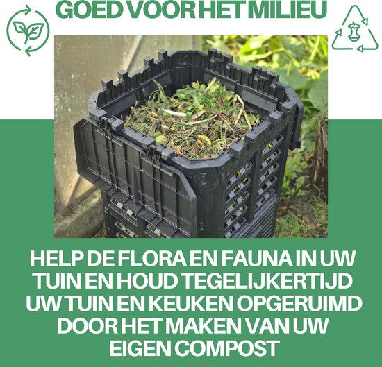 Zwarte compostbak gevuld met groenafval, met milieu-iconen.