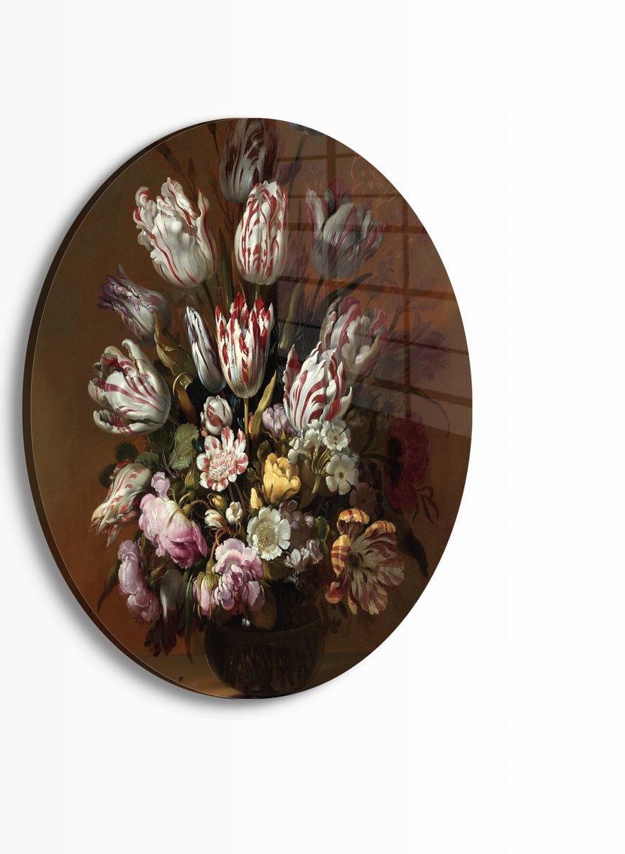 Myfinto Indoorart - Muurcirkel Stilleven met bloemen Plexiglas 70 cm - Wanddecoratie - Afbeelding op Plexiglas - Inclusief ophangplaat bruin, rood, wit, geel, groen