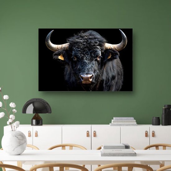 Canvas Schilderij Een tekening van een stier in de wei - 40x30 cm - Wanddecoratie