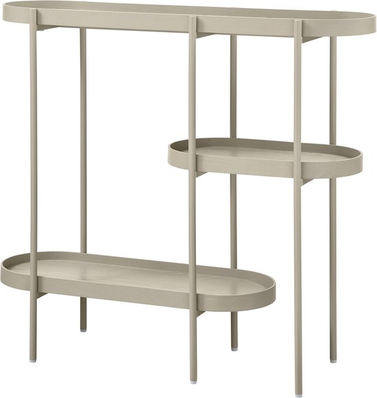 Hoge, smalle consoletafel in beige met drie ovaalvormige planken en metalen poten.