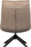 Achterkant van een zandkleurige fauteuil met een zwart stervoetonderstel.