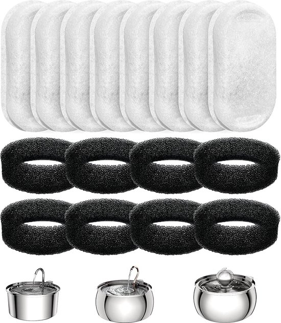 Foto: 16 stuks filter patronen voor waterdispensers voor huisdieren filters voor drinkfontein inclusief 8 katten fontein filters en 8 pompsponzen