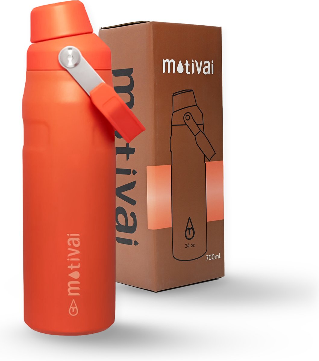 Motivai Fast Sip RVS Thermosfles met Draaidop & Handvat – 700ML (24oz) – Lekvrij & Dubbelwandig – Thermosbeker Waterfles To Go – BPA-vrij – Oranje
