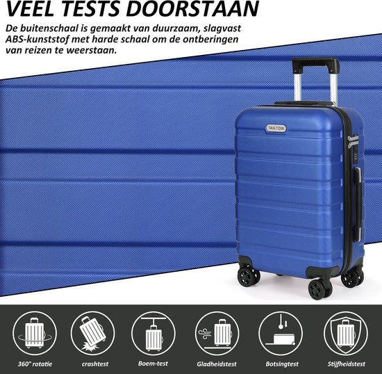 Blauwe TAN.TOMI koffer op een ondergrond met pictogrammen voor tests: 360° rotatie, crashtest, boemtest, gladheidstest, botsingstest, stijfheidstest.