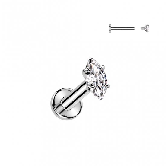 Zilverkleurige labret met marquise geslepen steen.
