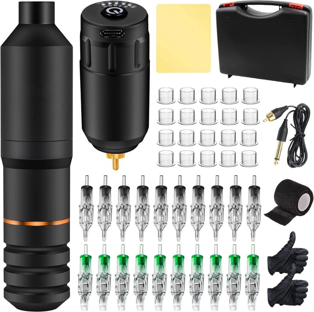 Tattoo Machine met Accessoires - Tattoo Machines Draadloos - Tattoo Set Inclusief Inkt en Naalden - Tattoo Kit met Opbergkoffer - Voor Professionals en Beginners - Zwart