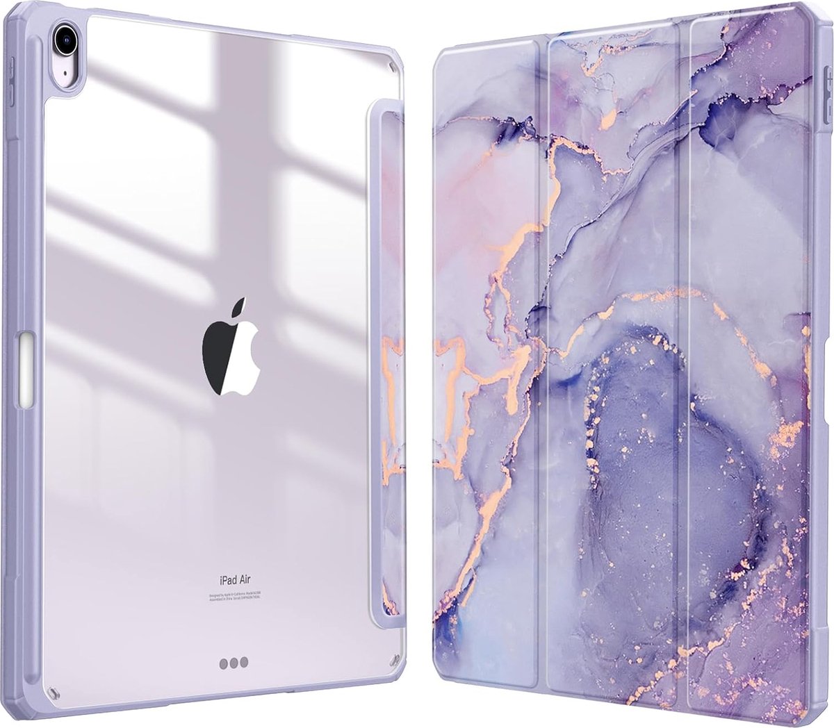 Geschikt voor Apple iPad Air 6 13 inch (M2) 2024 - Book Case - Schokbestendige Hoes Met Doorzichtige Transparante Achterkant - Ingebouwde potloodhouder - Lila Marmer
