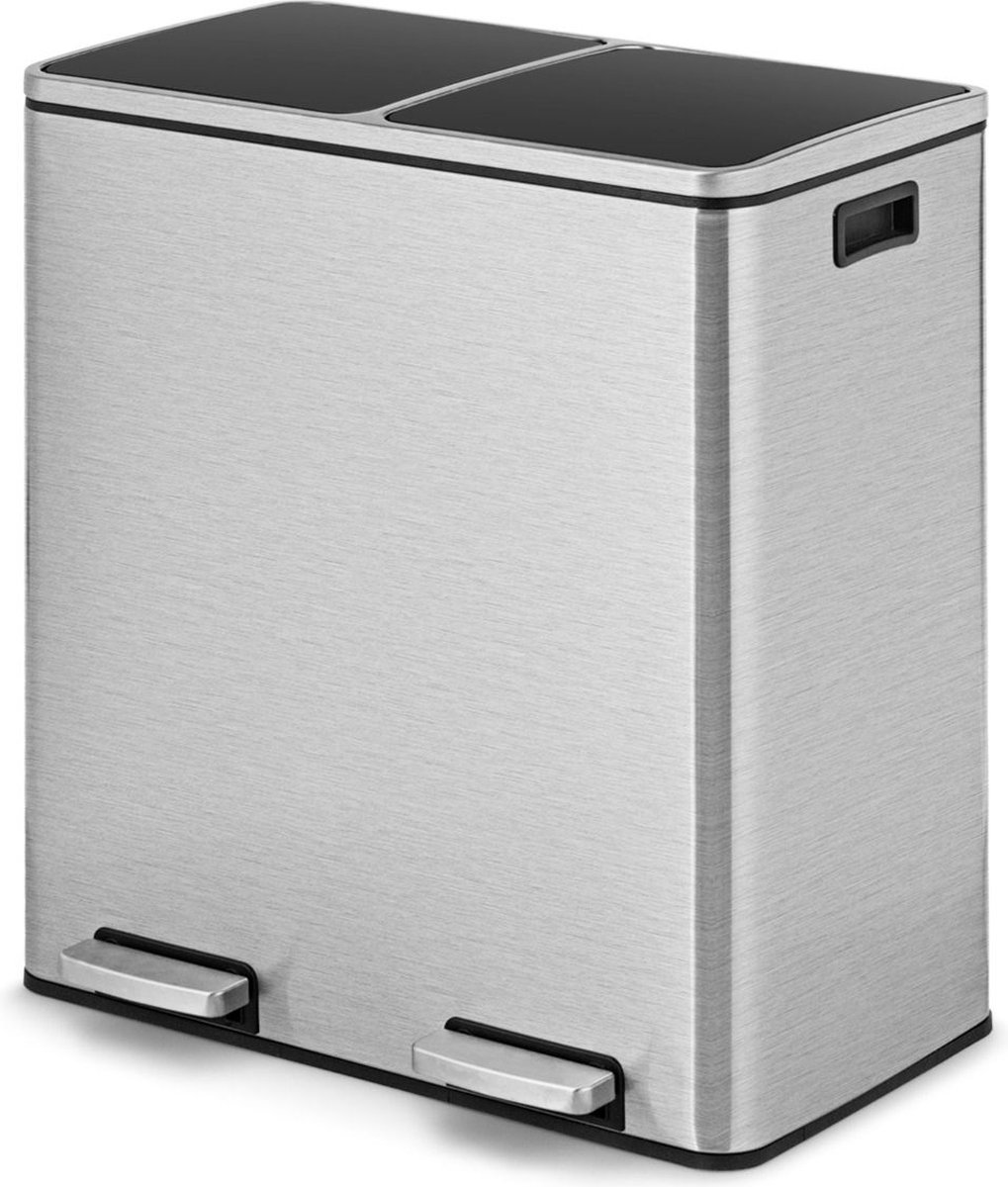 Trendmix RVS Afvalscheidingsprullenbak 2 x 30L - Prullenbak 60L Met Dubbele Compartimenten En Voetpedalen - Anti-Vingerafdruk