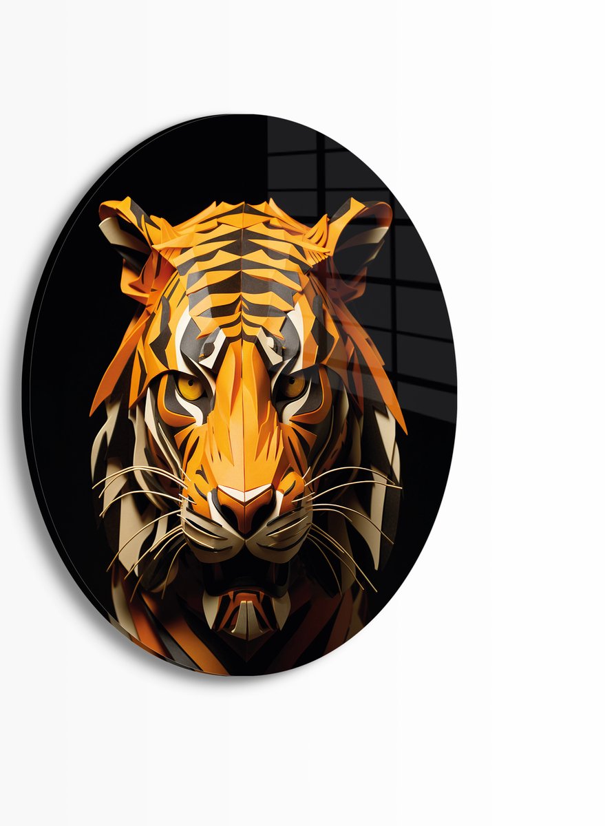 Myfinto Indoorart - Muurcirkel Geometrische Tijger Plexiglas 30 cm - Wanddecoratie - Afbeelding op Plexiglas - Inclusief ophangplaat zwart, wit, oranje, geel