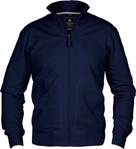 Donkerblauwe, zip-through cardigan met hoge kraag, rits, gebreide manchetten en zoom, en steekzakken.