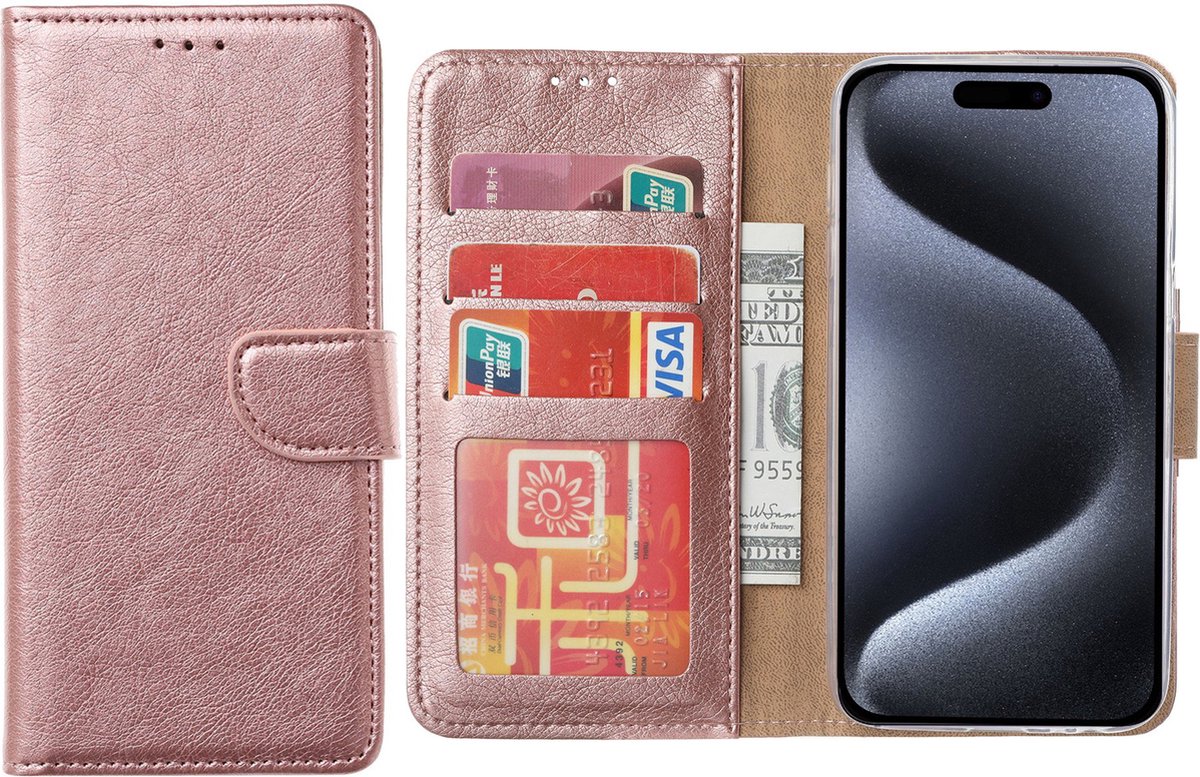 Hoesje Geschikt voor iPhone 15 Pro Max – Arara bookcase met pasjeshouder- Rosegoud