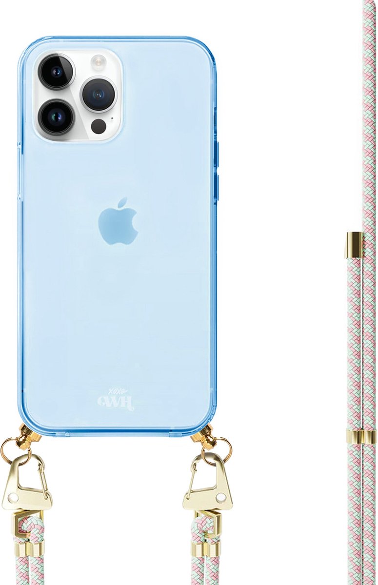xoxo Wildhearts silicone case met koord - Blauw telefoonhoesje met koord - telefoonketting - Aqua Pink - Cord Case - geschikt voor Apple iPhone 14 Pro - Lichtblauw / Roze gestreept koord