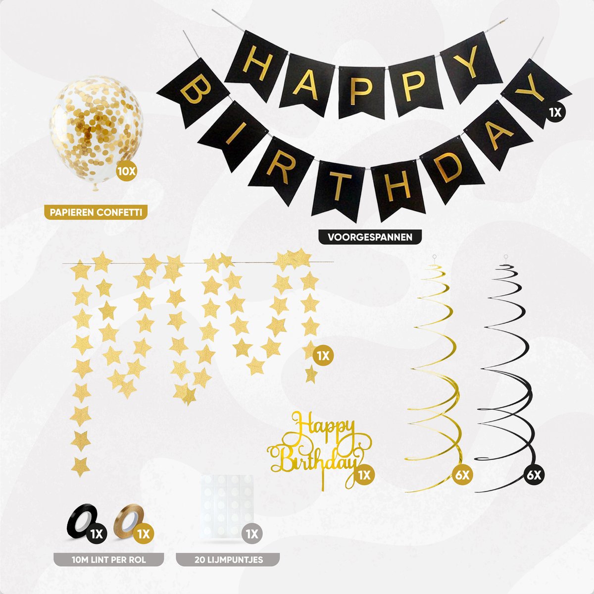 Fissaly Verjaardag Slinger Zwart & Goud met Papieren Confetti Ballonnen – Decoratie – Happy Birthday — afbeelding 3