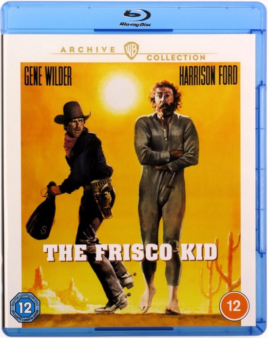 Voorzijde van de Blu-ray hoes van 'The Frisco Kid'. Gene Wilder met cowboyhoed en Harrison Ford in een lange pyjama, staand voor een woestijnlandschap.
