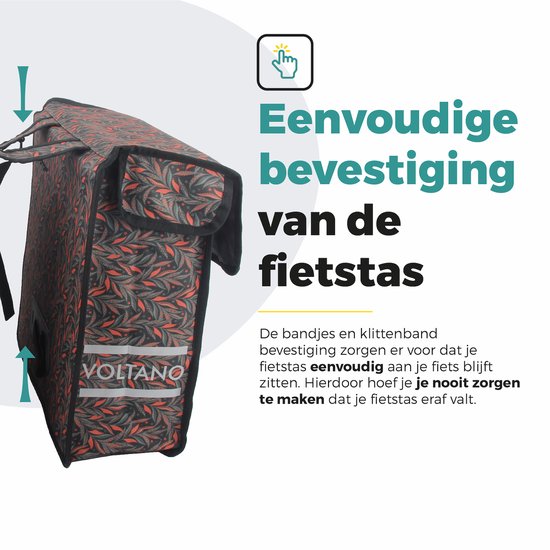 Voltano Dubbele Fietstas Crimson Leaf - Zwarte Met Grijze Bloemen - 38 Liter - 100% Waterdicht Polyester - Vrolijke Fietstassen van Voltano — afbeelding 4