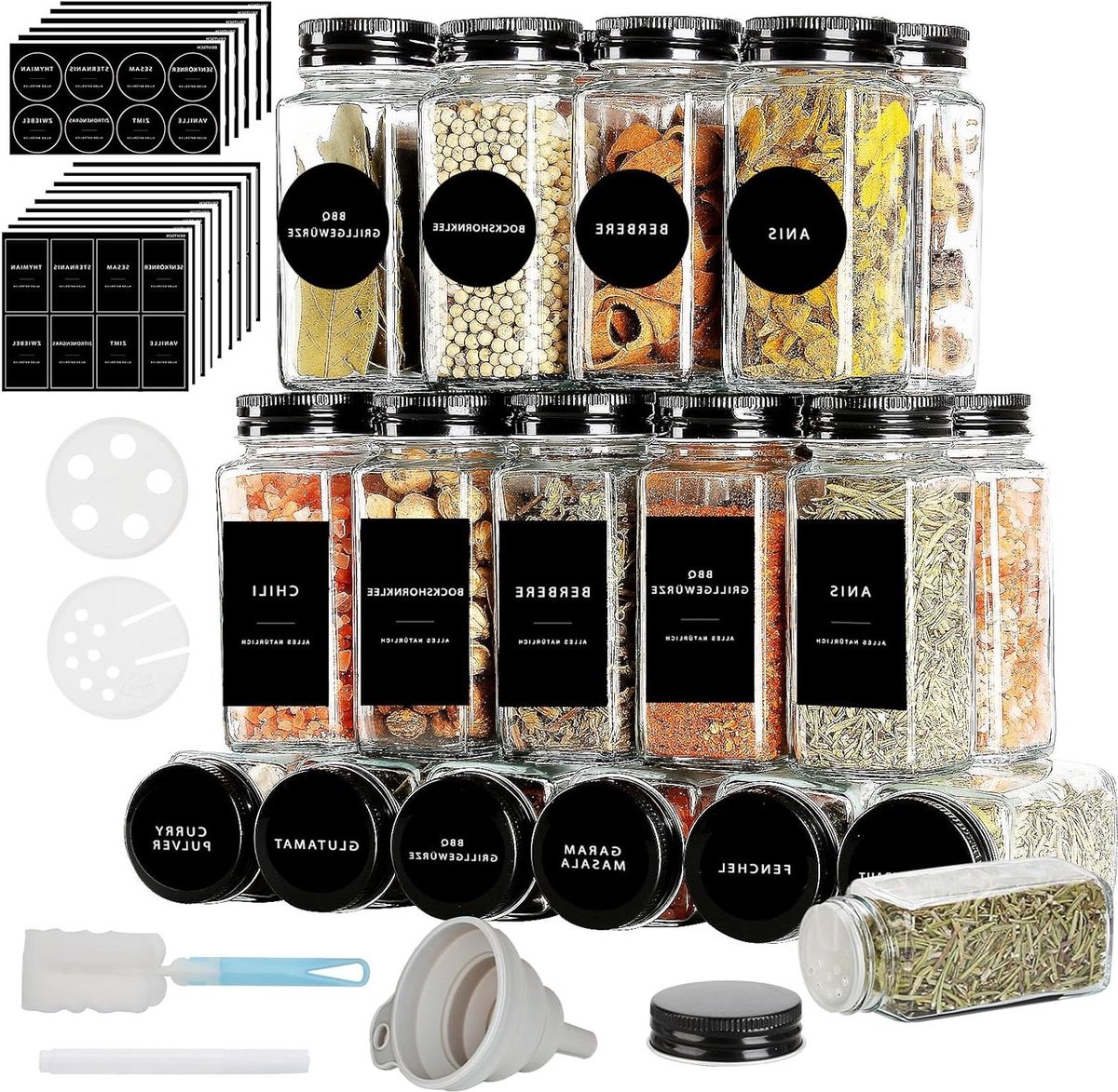 Vierkante Kruidenpotjes met Stickers [25 x 120 ml] en Kruidenetiketten Set van Kruidenpotjes Kruidenstrooier met Strooi-inzetstuk Trechter Reinigingsborstel Pen Zwart Kruidenpotjes met Stickers
