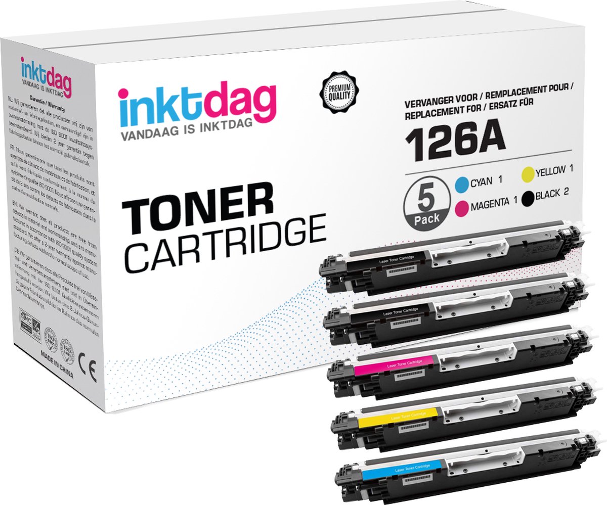 Inktdag toner cartridge voor HP 126A/ HP CE310A, CE311A, CE312A, CE313A 2 zwart + 3 kleuren (5 stucks) voor HP TopShot LaserJet Pro M-270 Series, Pro M275, Pro M275nw, Pro M275s, Pro M275t ,Pro M275u, Pro CP1000 Series, Pro CP1020 Series