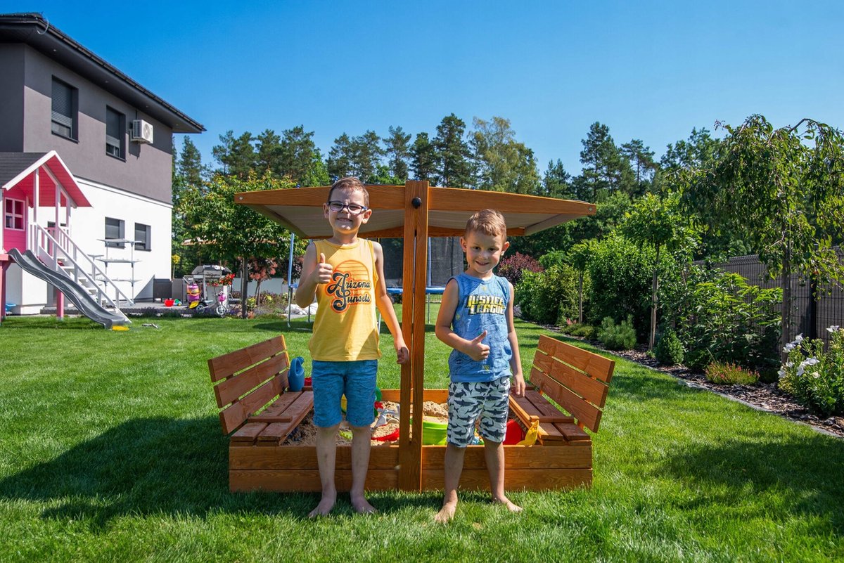 Afsluitbare XL Zandbak met Dak 140x140 cm – Gecertificeerd & Geïmpregneerd Hout | Incl. AFDEKZEIL, GRONDDOEK & Montagevideo | Voor 2-3 Kinderen | Grijs — afbeelding 15