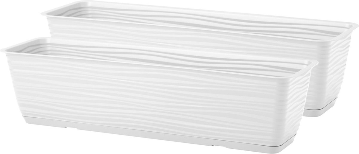 Form Plastic Plantenbak Balustrade - 2x - kunststof - ivoor wit - L40 x B17 x H14 cm - met opvang schotel - rechthoek - balkon bakken - bloembakken