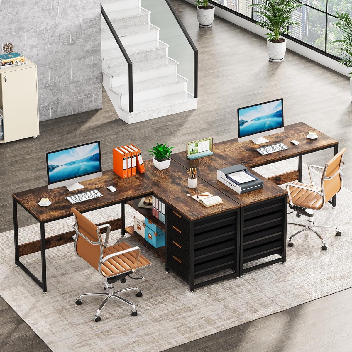Tribesigns Bureau - L-Vormig Game Bureau met 4 Laden - 150 x 110 x 75cm - Bureau met Legplanken - Gaming Desk - Computer Tafel - Gaming Tafel - Bureau voor Gamen, Studeren en Werken - Zwart / Vintage Bruin thumbnail 4