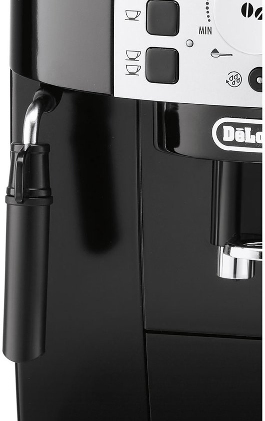 Detail van de zwarte De'Longhi volautomatische espressomachine met melkschuimer.
