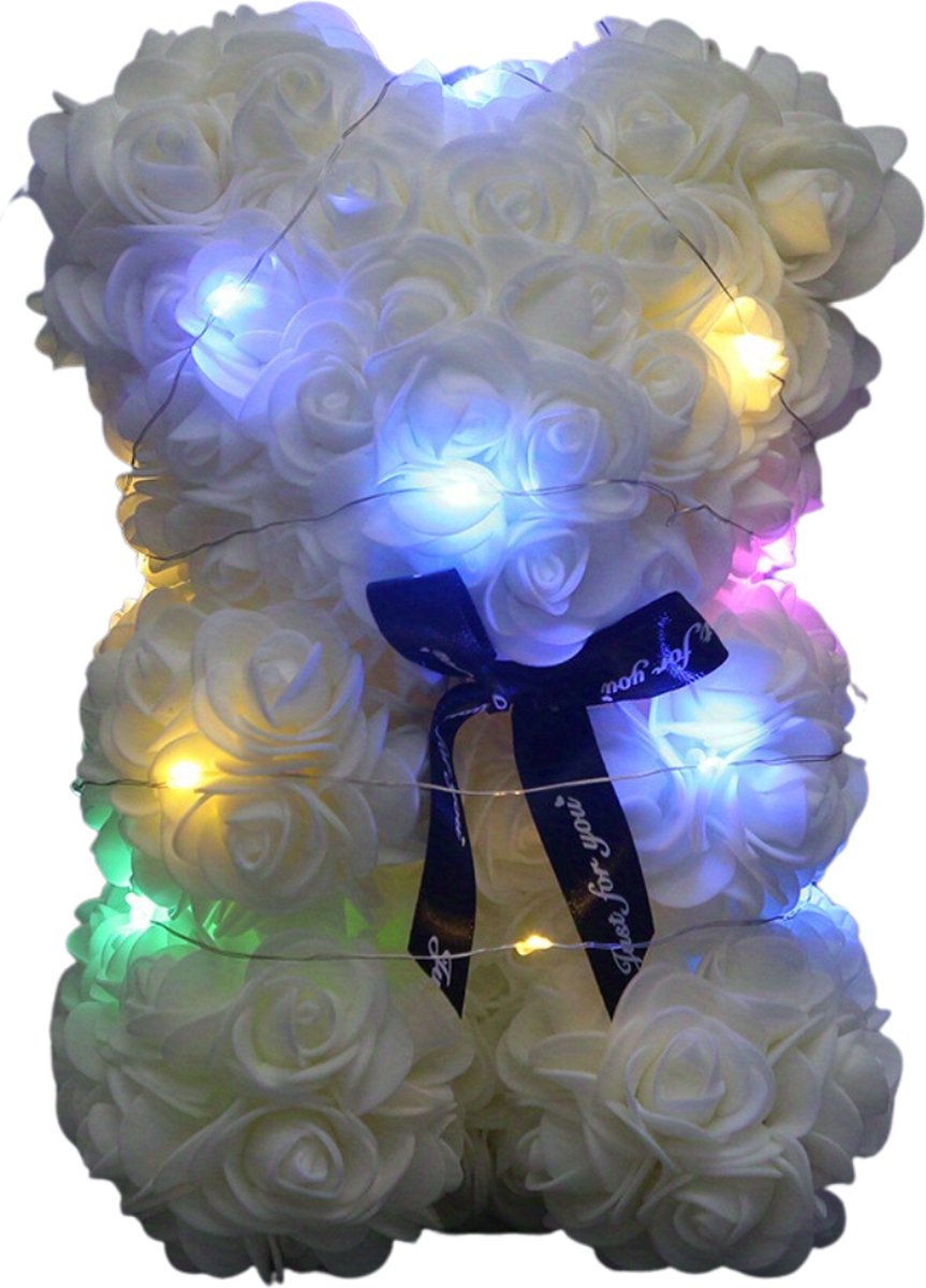 Nivard Rozen Teddy Beertje - Rozen Beer - Rose Bear - Valentijn Cadeautje Voor Haar & Hem - Vrouw - Wit Met Licht