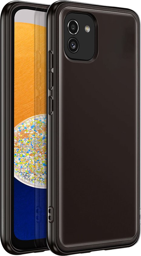 Zwart Samsung Galaxy A03 hoesje open met telefoon erin.