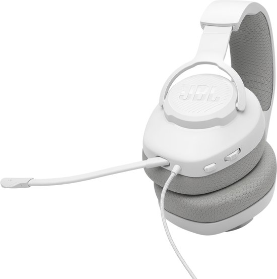 Witte gaming koptelefoon met JBL logo, stoffen oorschelpen en microfoon.