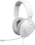 Witte gaming koptelefoon met JBL logo, stoffen oorschelpen, oranje L-logo en microfoon.