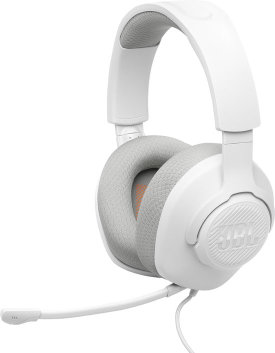 Witte gaming koptelefoon met JBL logo, stoffen oorschelpen, oranje L-logo en microfoon.
