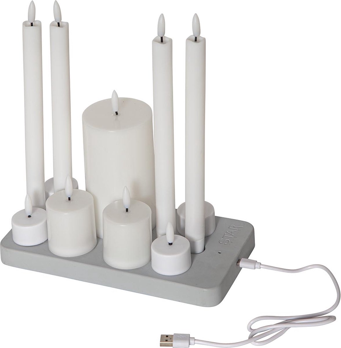 Star Trading kaarsenset Flamme Charge Mix, 4 waxinelichtjes, 4 antieke kaarsen, 2 votiefkaarsen, 1 pilaarkaars, wit, USB-kabel, oplaadplaat, warm wit