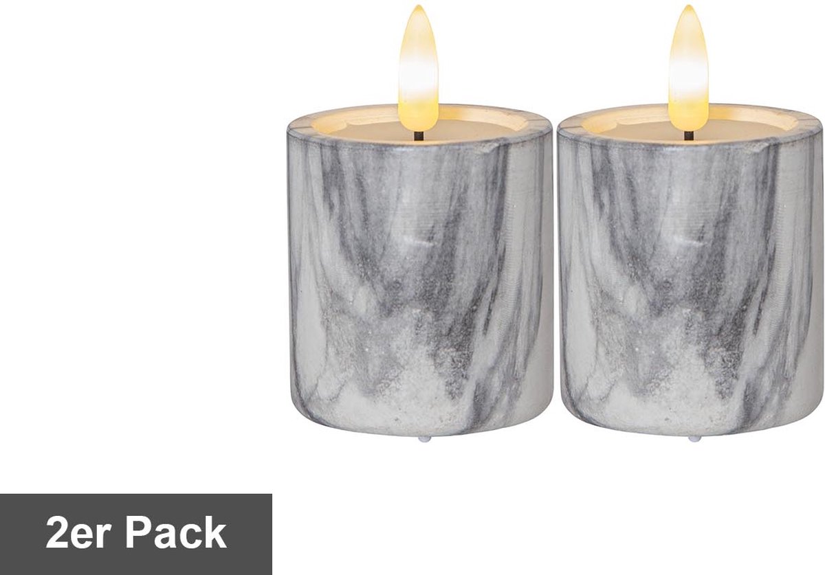 Star Trading kaarsenset Flamme Marble, 2 stuks, pilaarkaarsen, marmer design, LED, timer, warm wit, 9 cm gemarmerd