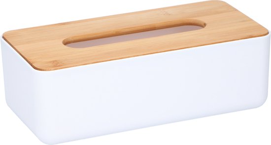 Alpina Tissuedoos/zakdoekjes box - wit/lichtbruin - kunststof - bamboe deksel - 26 x 13 x 9 cm