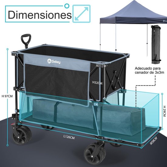 Opvouwbare handkar XXXXL 350L - Extra brede banden 17x10cm - 150KG - Strandkar transportkar opvouwbaar - 4 richtingen - 4XL-Double 4021 - Blauw Zwart — afbeelding 4